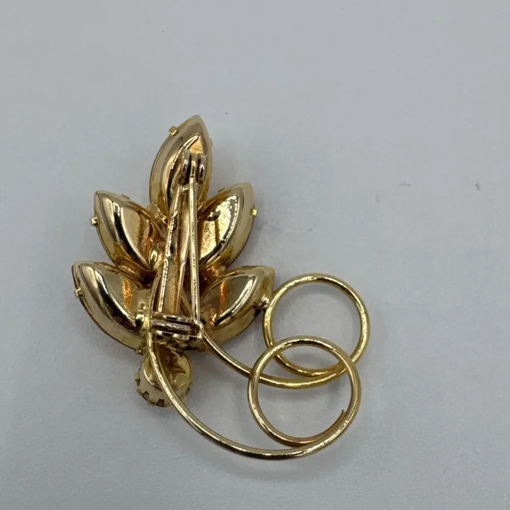Vintage BroochSterling Silver & Gold Tone Amber Rhinestone Leaf